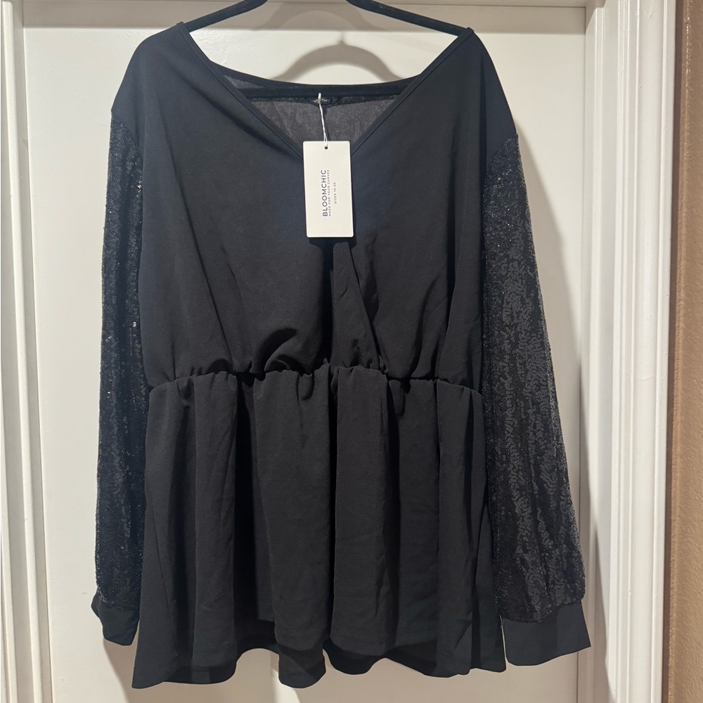 BloomChic Elegant Black Top with Sparkling Sleeves